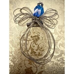 Vintage Handcrafted Wire Angel Pin Brooch Gold Tone Blue Christmas Holidays